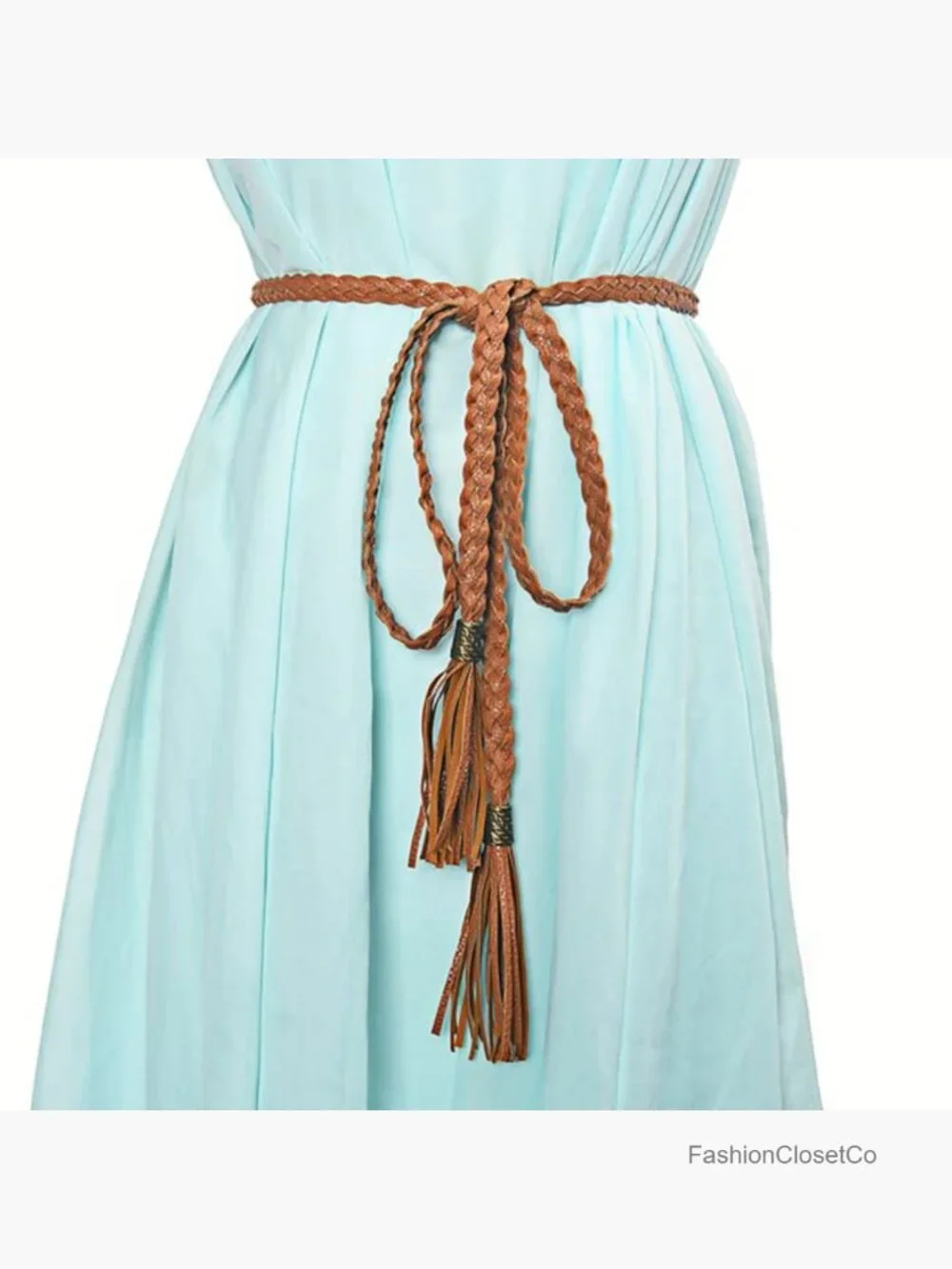 Women's Tassel Braided Rope Belt PU Leather Waist Belt Woven Boho